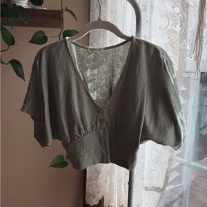 Cozy Olive Green Crop Top with V-Neck